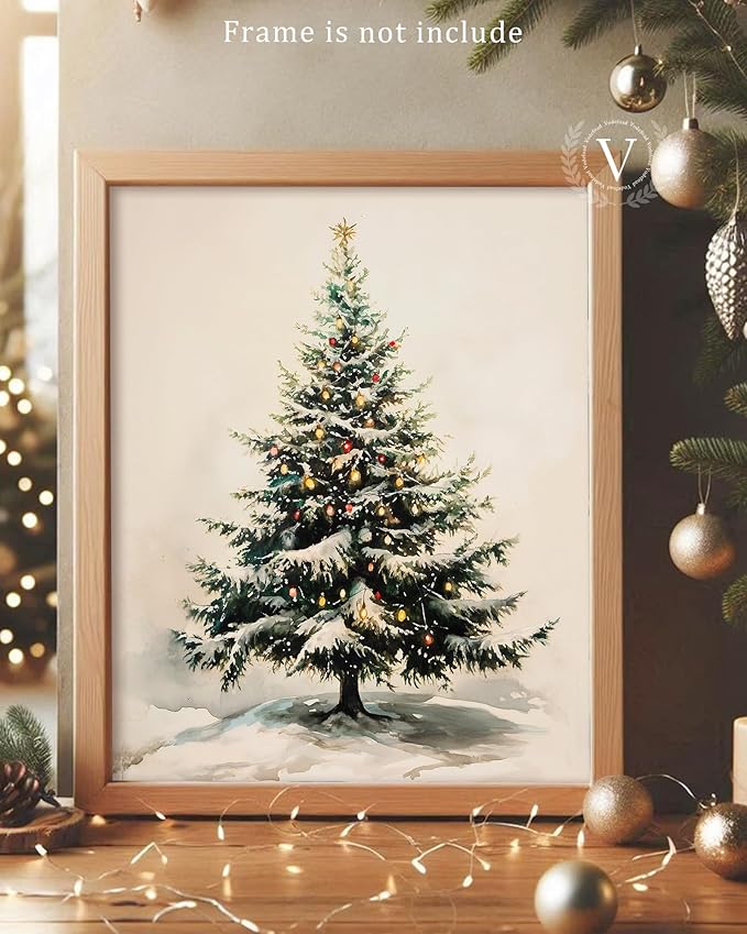 Vodefoad Christmas Tree Wall Art Vintage Rustic Xmas Winter Snowy Pine Tree Canvas Oil Wall Decor Neutral Antique Holiday Christmas Tree Painting for Gallery Bedroom Bathroom - 8x10Inch Unframe