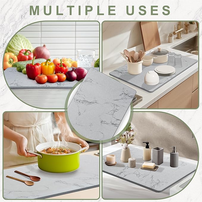 Large Stone Drying Mat for Kitchen Counter, 24" × 16" Diatomite Dish Drying Mat, Quick Dry Stone Mats, Ultra Absorbent Natural Diatomaceous Earth Mats for Dished, Bottles, Grey Marble