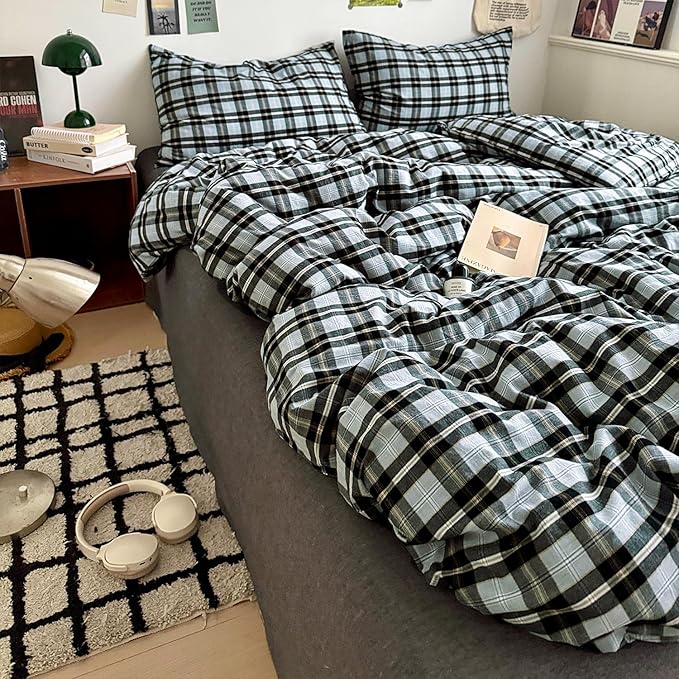 mixinni Vintage Grey & Pale Blue Buffalo Plaid Duvet Cover Set Twin XL Size - 3 Piece Washed Cotton Bedding Set with Grid Pattern, Soft & Breathable Duvet Cover with Pillowcases for Boys, Men& Women
