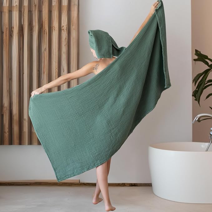 Ultra Soft Muslin Towel Adult Set, 100% Turkish Cotton 4-Layer 2 Pieces Luxury Muslin Hand & Bath Towels Sets for Bathroom (Green, 1 Bath & 1 Hand Towel Set)