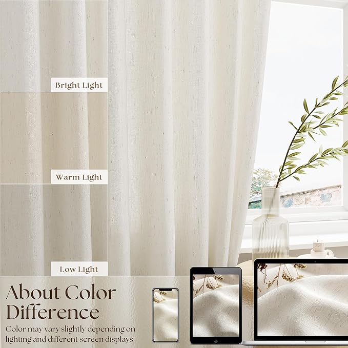 Natural Linen French Door Curtains Set of 2, Light Filtering Privacy Window Curtains 25 x 40 Inch Length with Dual Rod Pocket and Tie Back Drapes Beige Semi Sheer Front Door Curtain W25xL40