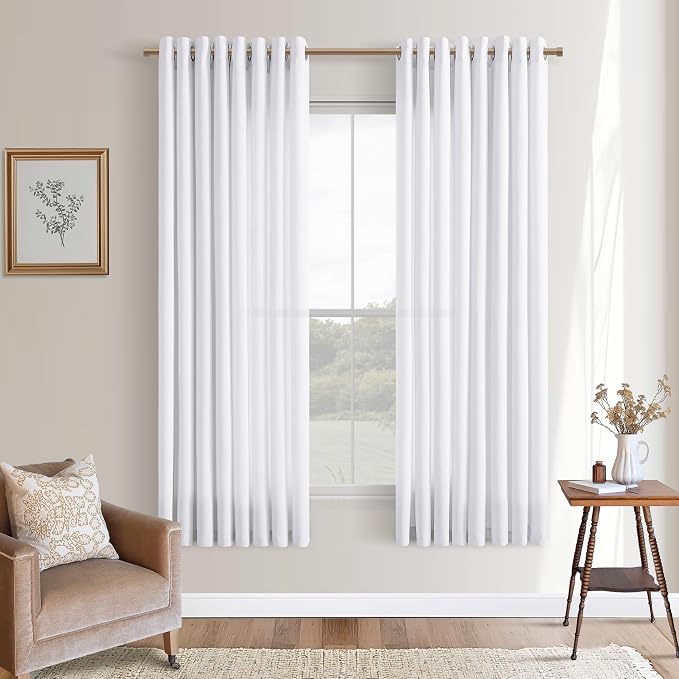 White Linen Curtains 63 Inch Length 2 Panel Set for Living Room Grommet Top Privacy Protection Semi Sheer Light Filtering Bedroom Window Curtain 63 Inch Long Textured Modern Elegant Coastal Drapes