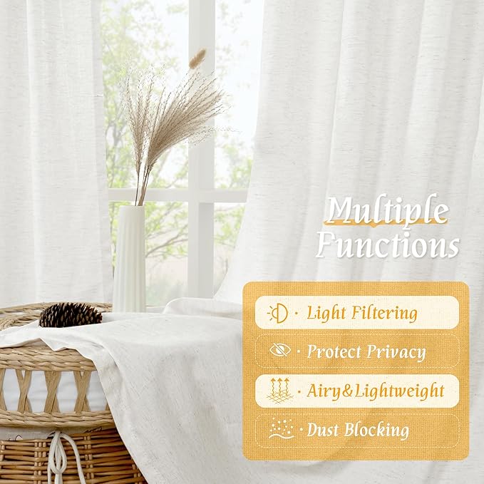 LAMIT Light Filtering 63 inch Length Linen Curtains, Soft Linen Textured Rod Pocket Neutral Boho Drapes Window Treatment Panels for Living Room/Bedroom, 2 Panels Set, 42 x 63 Inch, Ivory White