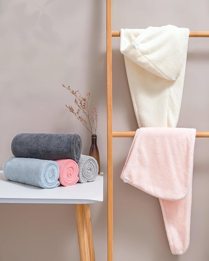 Lumimi Hair Towel Wrap 3 Pack for Women - Microfiber Fast Dry Turban with Button, Lightweight Absorbent Hair Cap for Straight/Curly/Long Hair, 25cm x 65cm Travel Towel (Blue+Pink+Light Grey)
