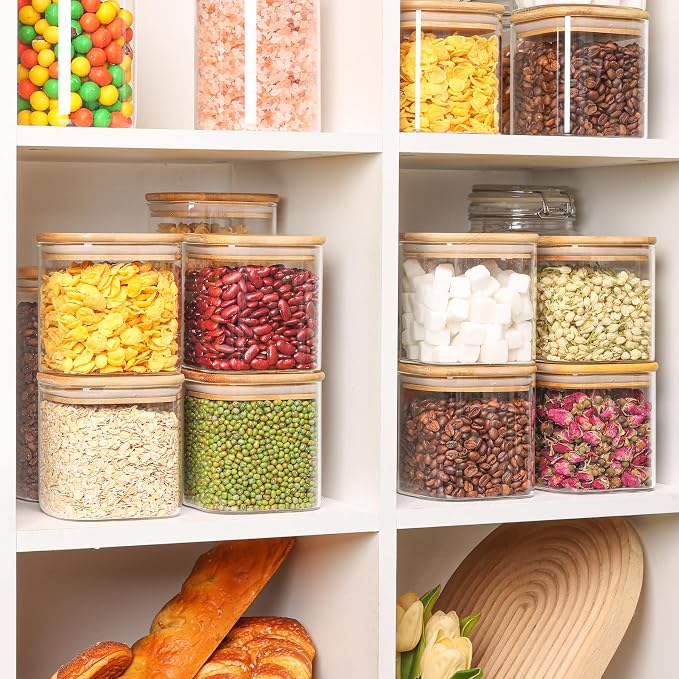 ComSaf 27oz&24oz Set of 13 Glass Storage Containers with Lids, Glass Jars with Bamboo Lids, Clear Food Storage Jar, Round Glass Canister, Pantry Organizers and Storage for Pasta Flour Coffee Bean