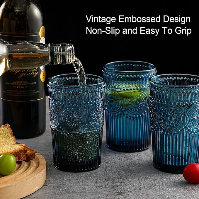 ZMOWIPDL Vintage Glassware Drinking Glasses Set of 6,13 oz Blue Textured Flower Design Glass Water Tumblers,Embossed Striped Drinkware for Water,Cocktails,Juice,Iced Coffee