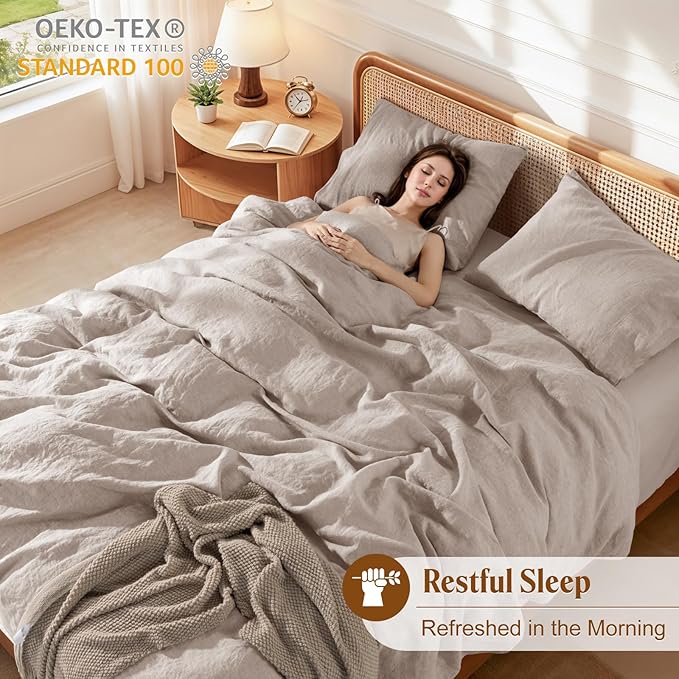 LBRO2M 100% France Linen Duvet Cover Set 3 Pcs Flax Comforter Cover with Zipper Closure 2 Pillowcase 1 Breathable Duvet Cover Full Size, Linen Color