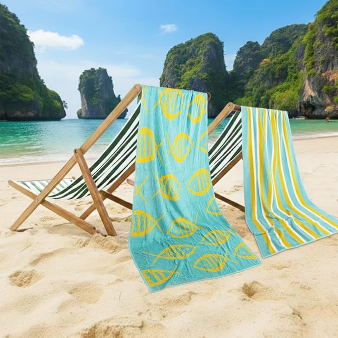 CASA COPENHAGEN Miami Bath Tpowels 2Pcs 100% Egyptian Cotton Large Designer Towels Gift Set- Fish Navy + Turquoise Stripe, 70" x 35", 2 Pool Bath Towels Set (Box Pack, Set for Women & Men)