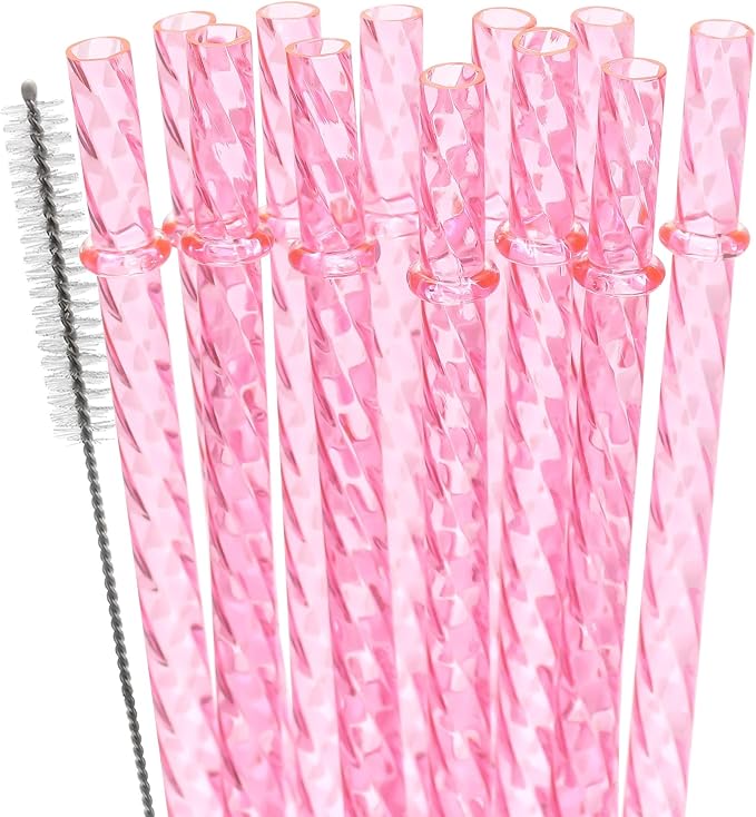 Dakoufish 12 Inch Reusable Clear Plastic Swirl Drinking Straws for 30 oz & 40 oz Jars/Tumblers,Set of 12 Pcs Replacement Crystal Pink Straws with Cleaning Brush (12inch,Pink)