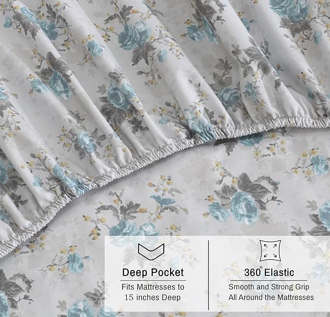 RUVANTI 100% Cotton Organic Percale Sheets Full Size – Crisp Cooling Bed Sheets for Hot Sleepers, Deep Pocket 15”, Soft Peach Finish, Breathable & Durable Hotel-Style 4 Pcs, Blue Rose