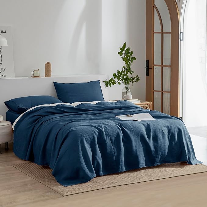 EVERLY Linen Sheets Set Queen Size,100% French Stonewash Pure Linen Sheets Set,4Pieces (1Flat Sheet,1Fitted Sheet,2Pillowcase) Suitable for Hot Sleepers,Deep Pocket Natural Bedding Set-Navy Blue