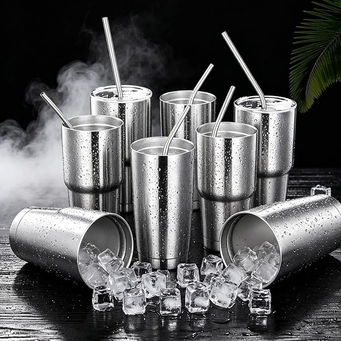 12 Pack Reusable Stainless Steel Metal Straws, 3 Straight + 3 Bent 10.5 Inch and 3 Straight + 3 Bent 8.5 Inch Metal Straws for 20 24 30 oz Tumblers Dishwasher Safe - 2 Cleaning Brushes Included
