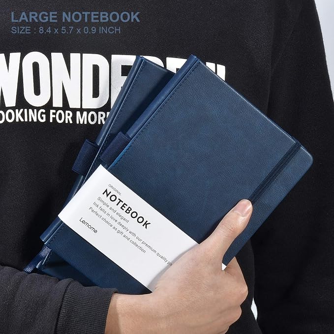 Lemome Thick Classic Notebook with Pen Loop - A5 College Ruled Hardcover Writing Notebook with Pocket + Page Dividers Gifts, Banded, Large, 180 Pages, 8.4 x 5.7 in