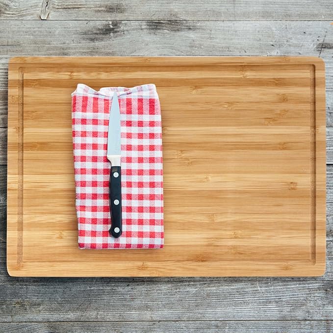 BambooMN Bamboo Cutting Board - 13" x 9" x 0.40" w/Kitchen Scissors Set (Scissor & Peeler) - Red & Black - 1 Set