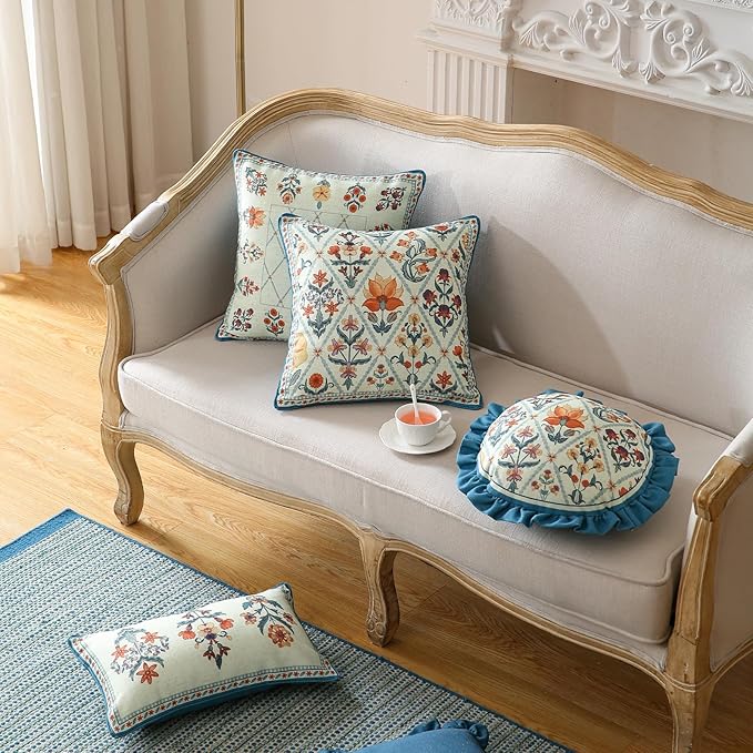 ISAENNE Design Lumbar Linen Throw Pillow Covers 12"x20" Pack of 2, Blue Country Cushion Covers with Colorful Wildflower Pattern Decor Rectangle Pillowcases for Bed,Living Room,Outdoor,Car