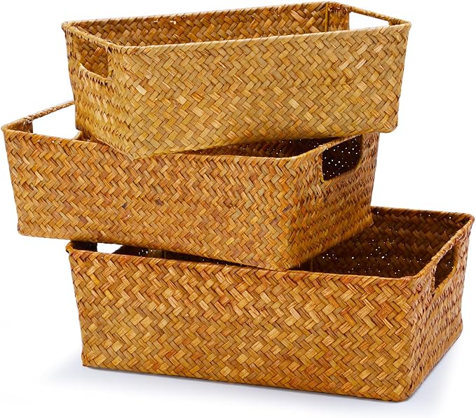 Seagrass Storage Basket with Handles, Stackable Woven Baskets Bins Container for Organizing Shelves Bedroom Living Room, Set of 3, Natural