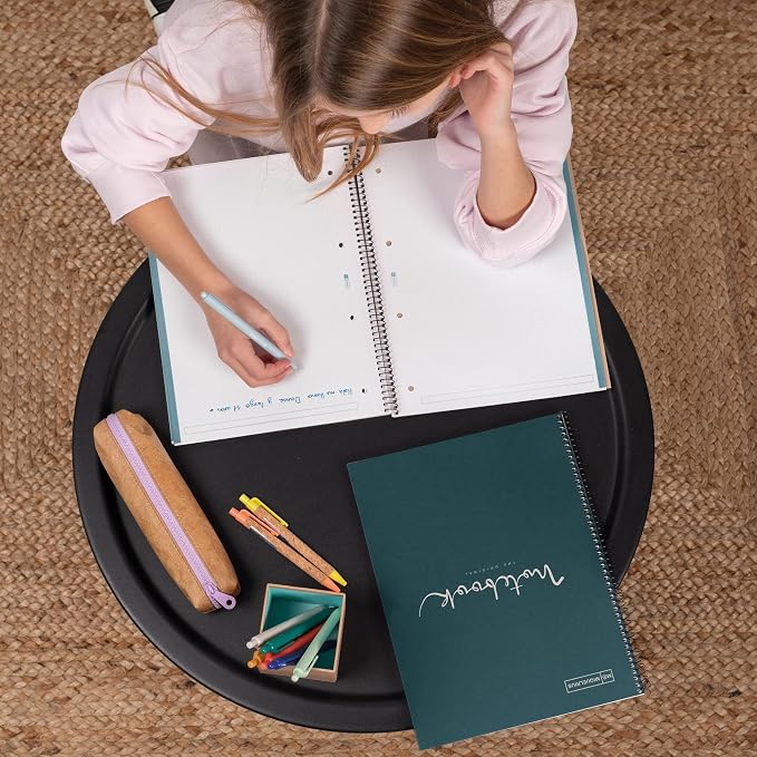 Miquelrius - Recycled Notebook A4, 80 Sheets of 80 g/m², 5 x 5 mm Grid, Post-Consumer Recovery Paper, 1 Colour Strip, 4 Holes, Marine Eco-Cover