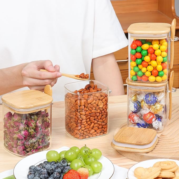 ComSaf Airtight Glass Storage Canister with Bamboo Lid (22oz/37oz/50oz) Set of 6, 31oz Glass Jars with Bamboo Lids & Spoons Set of 4, Pantry Storage Jar for Flour Cereal Sugar Tea Coffee Beans Snacks