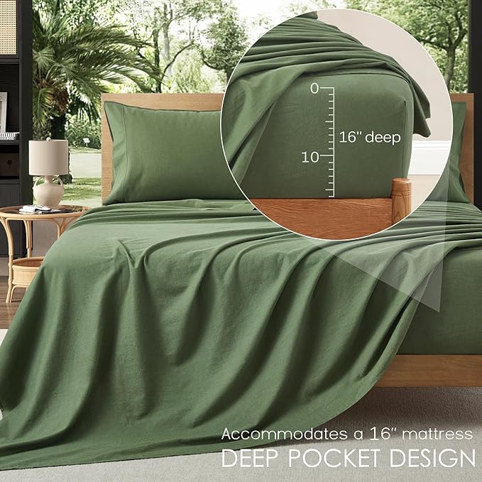 3Pcs Organic Linen Sheets Twin Size, 100% French Linen from Normandy, Breathable Forest Green Bed Sheets Twin Sheet Set with 16 Inch Deep Pocket, 1 Flat Sheet, 1 Fitted Sheet, 1 Pillowcases
