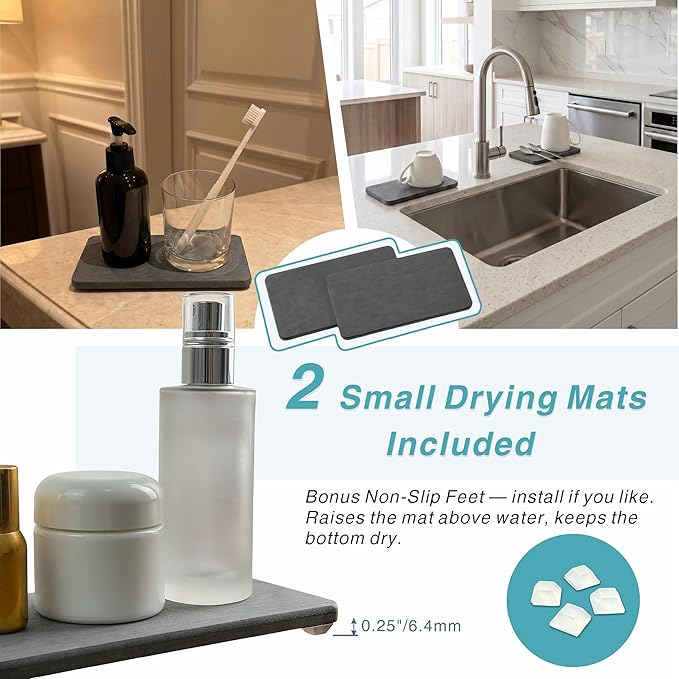 Diatomaceous Earth Stone Dish Drying Mat for Kitchen Counter – Quick Drying Mat Set (1*Large 23"×15.5" & 2*Small 7.5"×4") | Kitchen Drying Mat for Dishes, Cups & Utensils, Sink Mat (Grey)