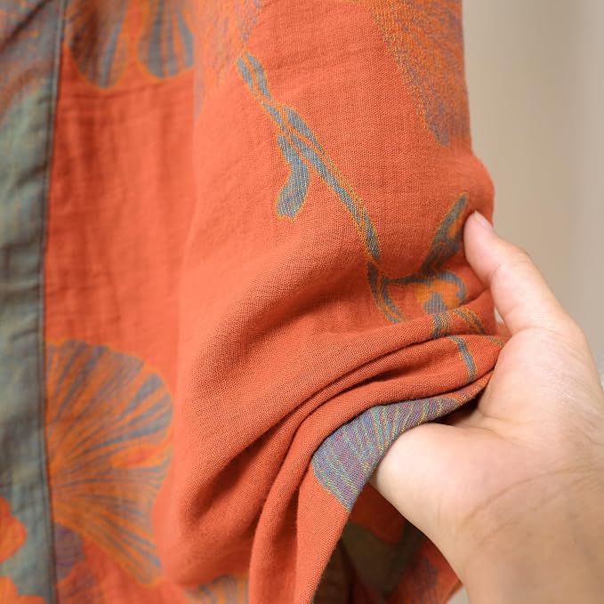 100% Cotton Gauze Ginkgo Leaf Kimono Robe, Long Knit Loose Bathrobe Nightgown Ladies Loungewear Sleepwear for Women