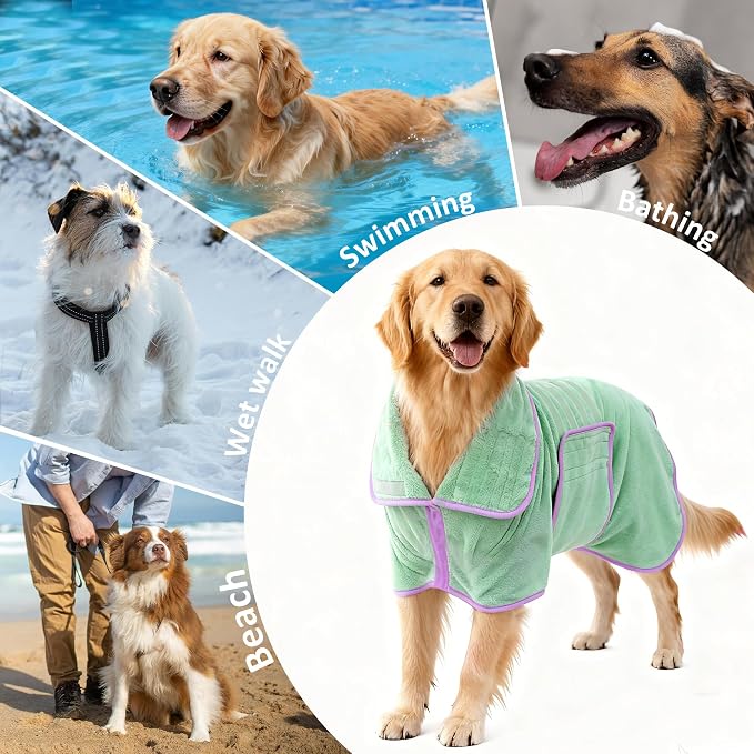 Soft Dog Bathrobe Fast Drying Dog Coat, Super Absorbent Dog Towels for After Bath, Microfiber Pet Robe Adjustable Collar & Belly Warm Keeping Dogs Coat for Pet Dogs & Cats (Green, Small)