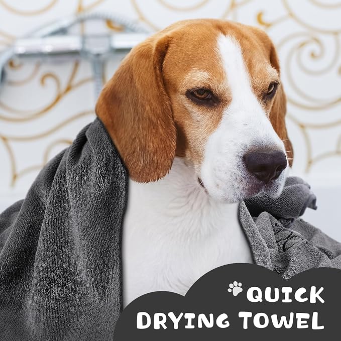 Chumia 4 Pack Dog Towels for Drying Large Microfiber Grooming Tools Absorbent Soft Bath Supplies with Embroidered Paw for Small Medium Pet Products(16 x 32 Inch,Gray, Black)