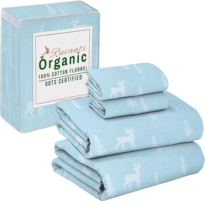 RUVANTI Flannel Sheets King Size - GOTS Certified 100% Organic Cotton, 4 Piece Warm, Soft & Breathable Set, Deep Pocket Snug Fit, Double Brushed Cozy All Season Bedding, Blue Pine