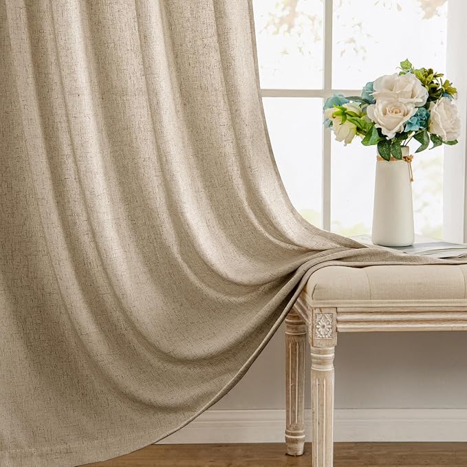 MIULEE Non-See-Through Privacy Linen Curtains 2 Panels, Light Filtering Window Curtains Farn House Textured Back Tab Semi Sheer Drapes for Bedroom Living Room, 52 x 72 Inches Long, Copper Brown