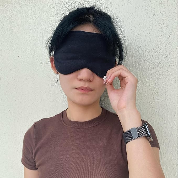 Eye mask Pure Linen Sleep Mask with Elastic Band, No Pressure On Eyes,Side Sleeper Eye Cover Organic Cotton Core Blindfold,Napping & Yoga Travel Essentials (Black)