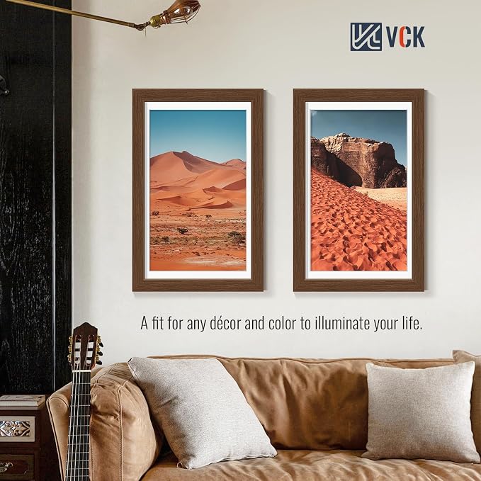 VCK 11x17 Picture Frames Brown 3 Pack, Wide Border Wood, Tempered Glass, Display 9x15 Photo with Mat or 11 x 17 without, for Home, Office, Gallery, Woodgrain Series, Wall Hanging