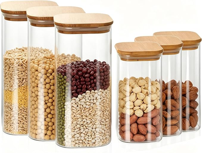 6pcs Large Glass Food Storage Containers with Bamboo Lids | 68 ounces (set of 3) and 32 ounces (set of 3) for storing overnight oats, coffee, spices, candies, flour, etc.,