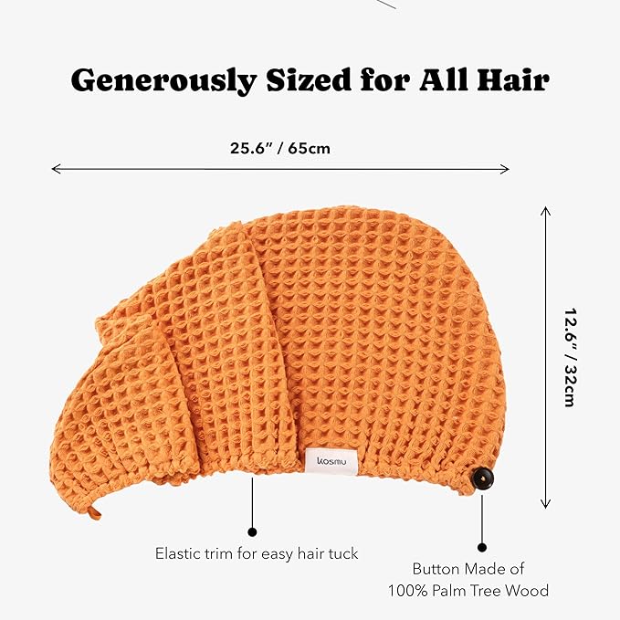 Luxury Organic Japanese Cotton Hair Drying Waffle Towel Wrap for Women | Absorbent, Quick-Dry Head Turban for Shower, Sauna, Spa | Extra Large for Long, Curly, Straight Hair With Button (Orange, 2 Pc)