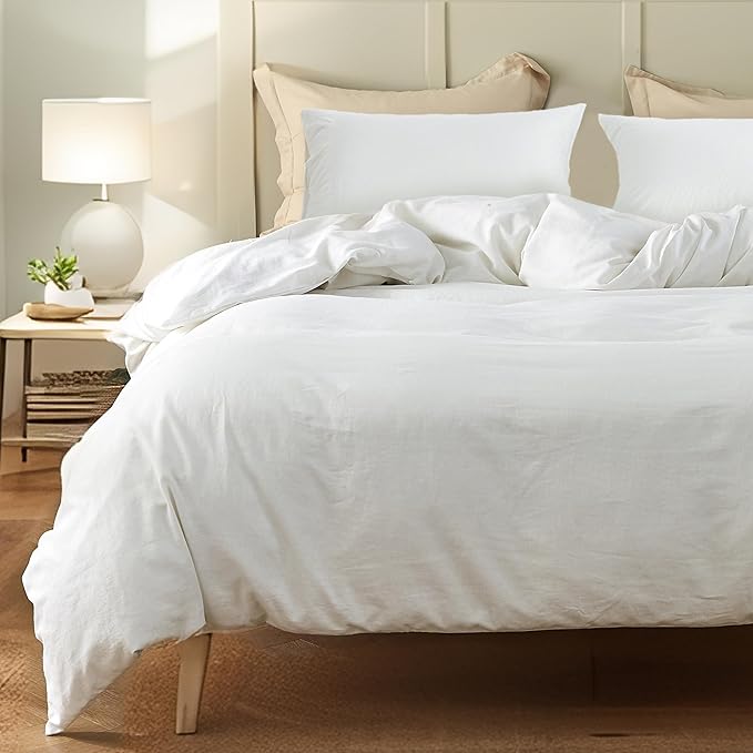 FALUCA French Linen Blend Duvet Cover Set 3Pcs King (104"x92") - Soft, Breathable, Cooling Farmhouse Bedding for Summer Hot Sleeper (King, White)
