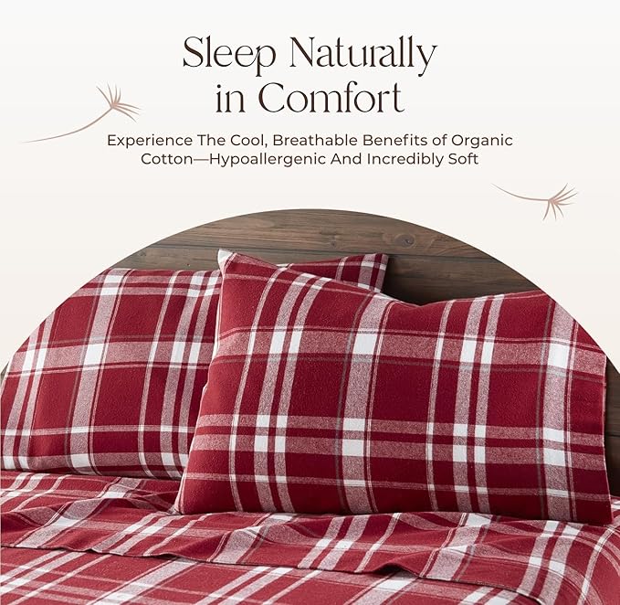 100% Organic Flannel Sheets Full Size - GOTS Certified 100% Cotton Flannel Sheets Set with Comfortable Soft Brushed Finish & Deep Pocket - 1 Flat 1 Fitted & 2 Pillowcases (Plaid, Full)