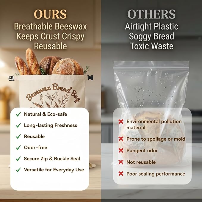 Sourdough Beeswax Bread Bags for homemade bread | Reusable 2 Pack Cotton Linen Natural Bread Storage Bag Keep Fresh 17 x 13 Inches