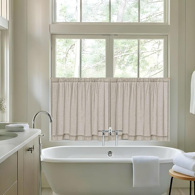 Linen 24 inch Bathroom Curtains 2 Panels Boho Rustic Semi Sheer Curtains Light Filtering Dual Rod Pocket Drapes for Bathroom Kitchen Small Half Window RV Curtains, 34x24 Inch, Dark Taupe