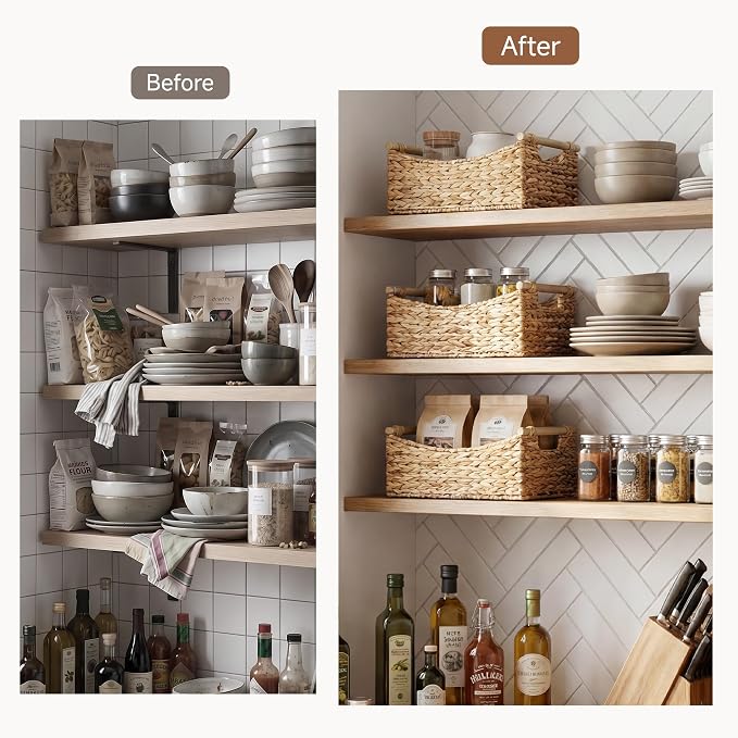 StorageWorks Wicker Baskets for Organizing, Water Hyacinth Storage Baskets with Handles, Woven Baskets for Pantry Storage, 13" x 8¼" x 7", 2-Pack