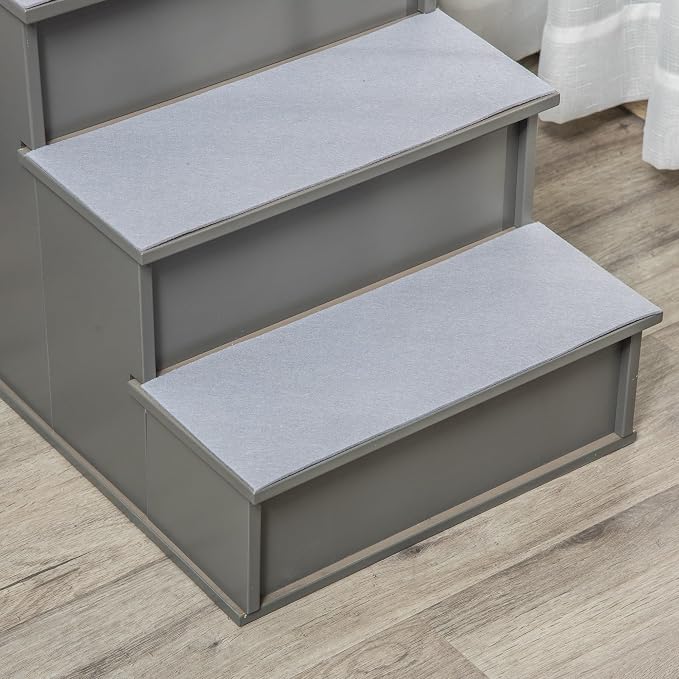 PawHut Pet Stairs, Small Pet Steps with Cushioned Removable Covering for Dogs and Cats Up to 22 Lbs., Grey