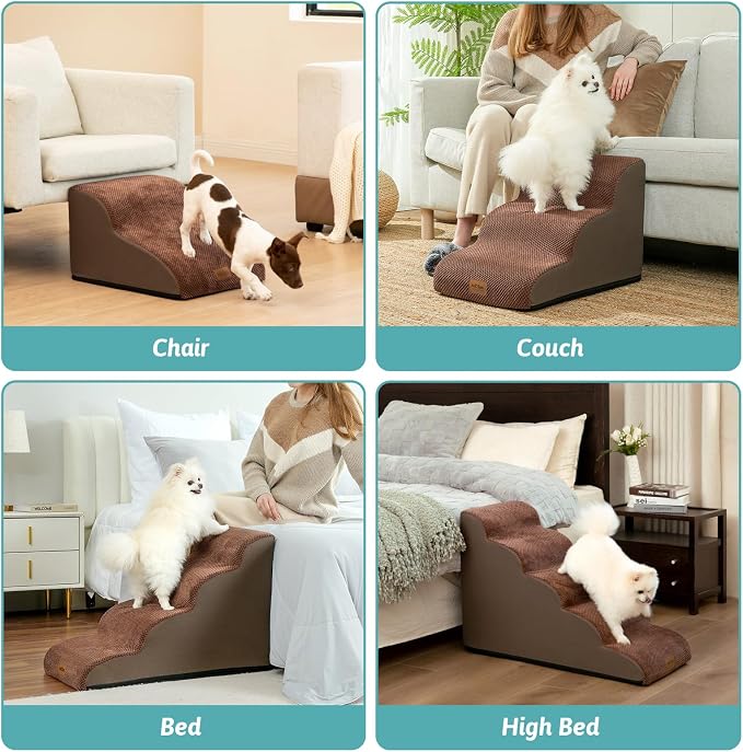 COZY KISS Wide Dog Stairs for Small Dog 15.7" H, Pet Step for Puppy, Older Cat, Curved Ramp for Couch, Durable Anti-Slip Ladder with High Density Foam, 3 Step, 17.7x22.4x15.7 inch, Brown