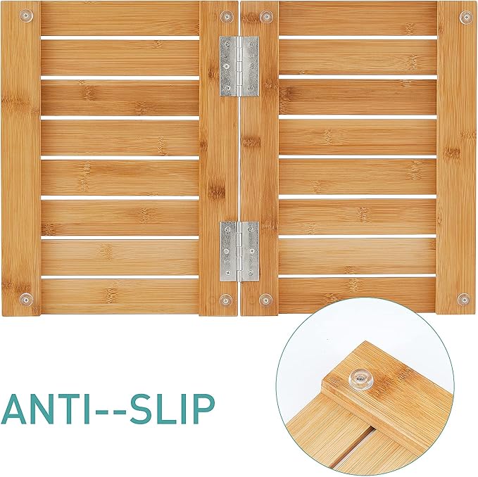 Waterproof Bamboo Bath Mat for Shower, Wooden Floor Mat for Bathroom, Foldable | Non-Slip | Heavy Duty, Shower Mat for Indoor Outdoor, 23.54in x 15.63in