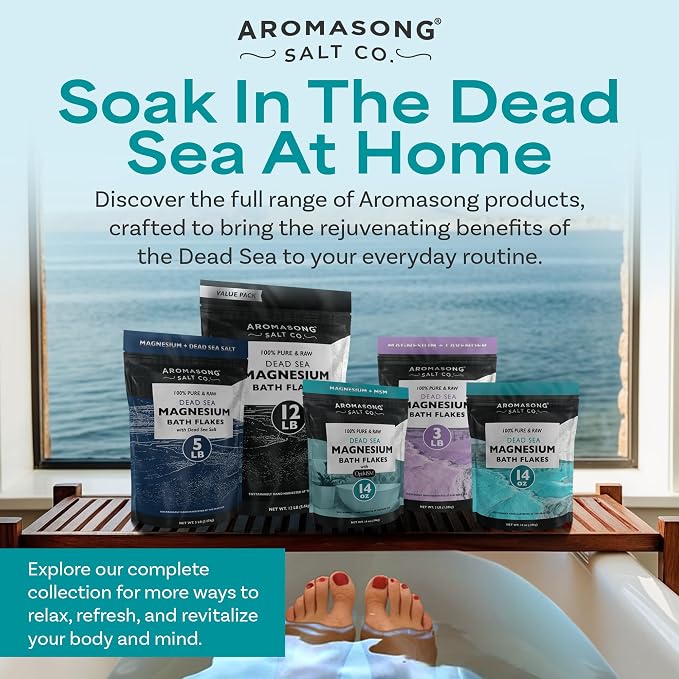 Aromasong Dead Sea Relaxation Bundle: 5 lbs Raw Dead Sea Salt + 3 lbs Magnesium Flakes for Bath Soaks and Skin Care