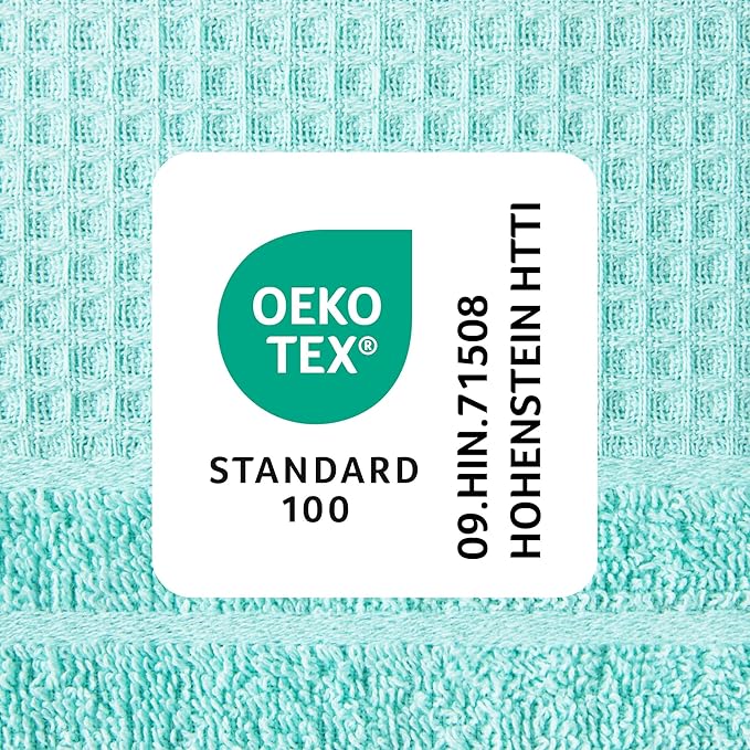 Town & Country Basics 4-Piece Waffle Woven Terry Stripe Bath Towel Set, 30x56-Inch, 100% Cotton, Quick Dry, Aqua