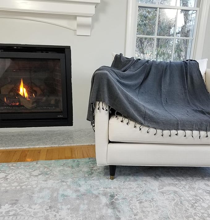 Stonewashed Turkish Throw Blanket - 100% Organic Cotton - 80" x 48" - Soft, Lightweight, Cozy - for Couch, Sofa, Picnic, Yoga - Charcoal Grey