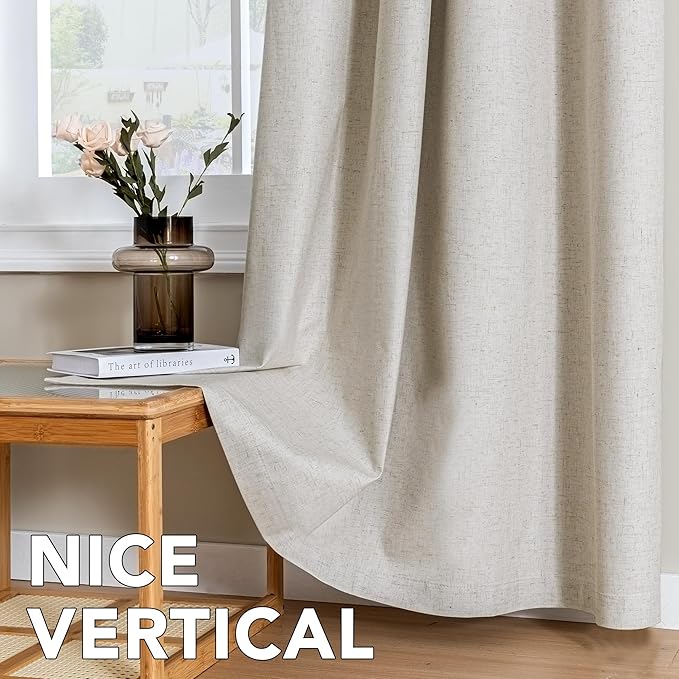 H.VERSAILTEX Linen Curtains 100% Blackout Curtains for Bedroom 90 inch Long Full Light Blocking Nature Linen Blended Window Curtains for Living Room Nickel Grommet (2 Panels, Heathered Linen)
