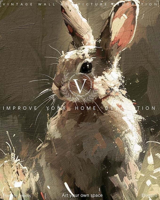 Vodefoad Vintage Rabbit Wall Art Prints Easter Wall Decor Neutral Bunny Canvas Oil Painting Farmhouse Style Bunny Drawing for Nursery Wall Decor Retro Easter Antique Rabbit Gallery wall Art for Bathroom Office Decor - 8x10Inch Unframe