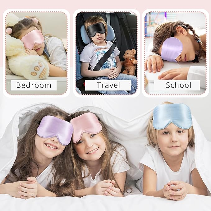 Kids Sleep Mask Eye Cover, 100% Real Natural Pure Silk Eye Mask with Adjustable Strap, Blindfold Kids Eye Mask for Sleeping, Eye Shade for Boys Girls and Adult, Pressure-Free Comfort (Pink)
