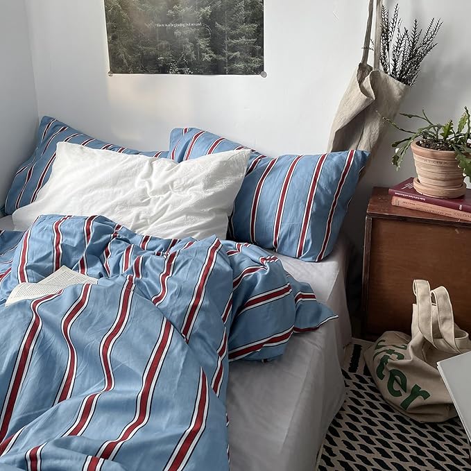 mixinni Vintage Striped Blue Duvet Cover Queen - 100% Cotton Red Stripes 3-Piece Bedding Duvet Cover Set with Zipper Closure, Soft & Breathable Retro Design for All Seasons (Queen Size)