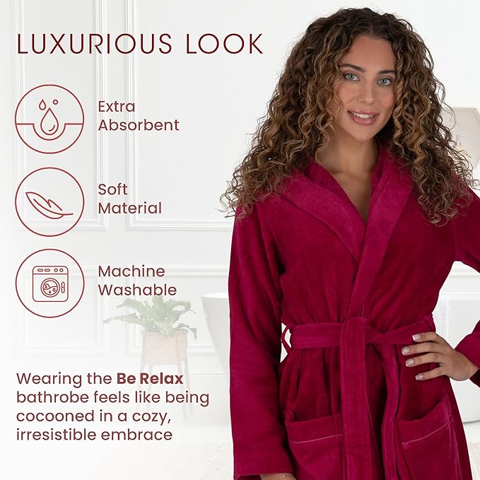 Be Relax Bathrobe for Women - Full Length Terry Cotton Robe with Shawl Collar and Hood, Warm and Cozy Robe with Belt & Pocket