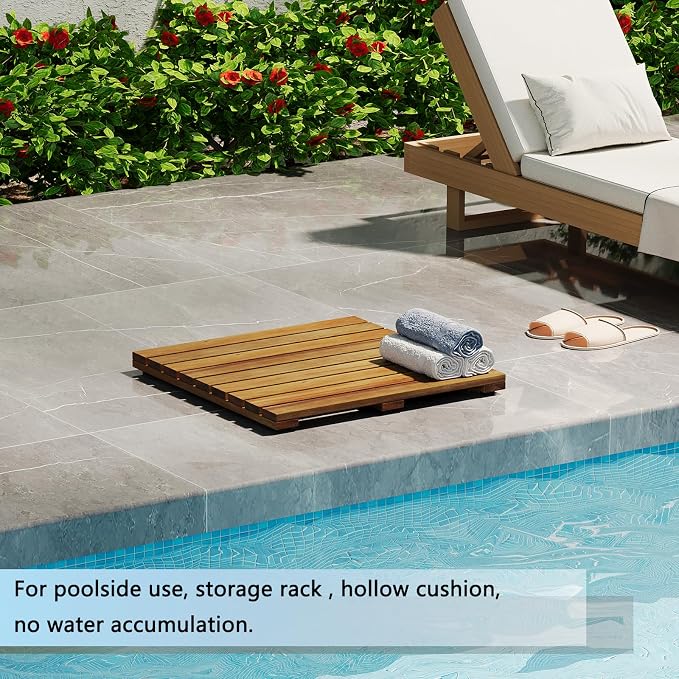 Solid Acacia Wood Shower Mat, Non Slip Bathroom Mat (19.6"×19.6“, Medium) Sturdy Floor Mat for Spa Home or Outdoor Shower, Easy to Clean, Quick Drying